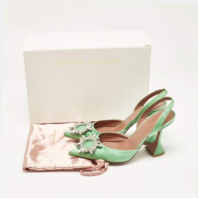 Pre Owned Amina Muaddi Green Satin Begum Slingback Pumps Size 38