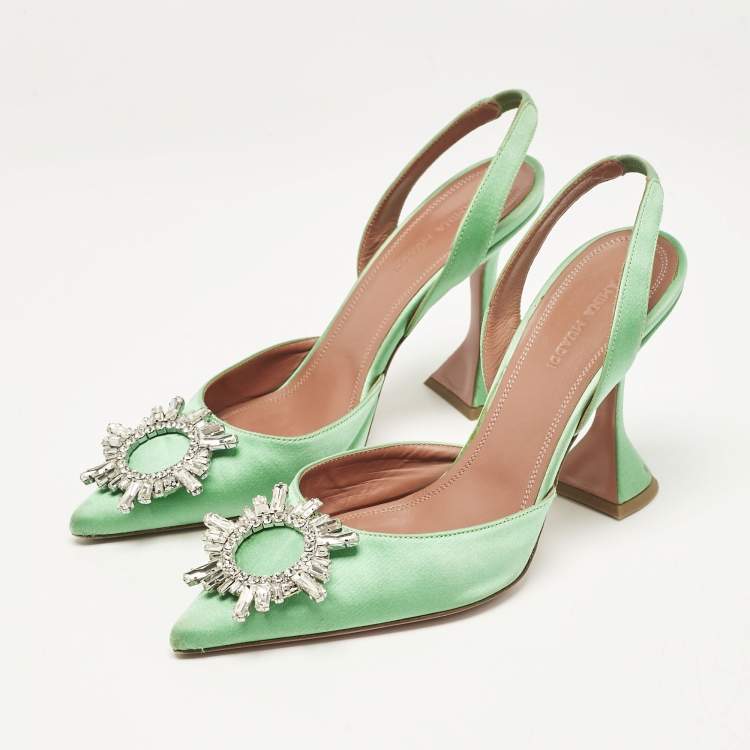 Pre Owned Amina Muaddi Green Satin Begum Slingback Pumps Size 38