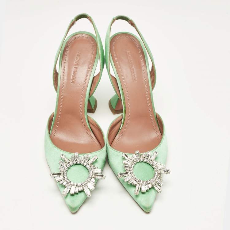 Pre Owned Amina Muaddi Green Satin Begum Slingback Pumps Size 38