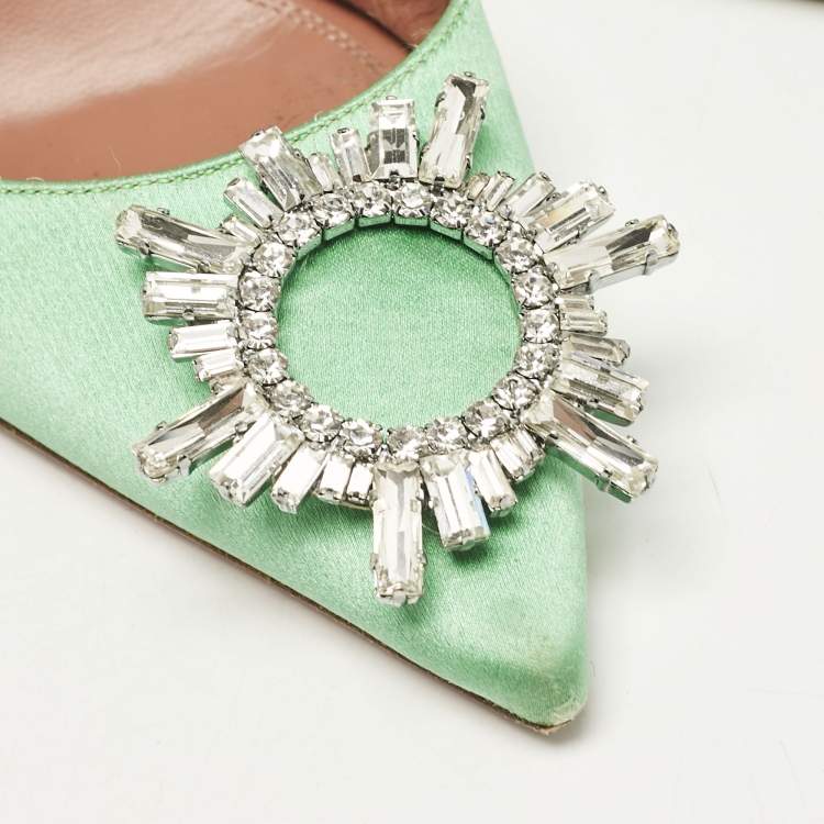 Pre Owned Amina Muaddi Green Satin Begum Slingback Pumps Size 38