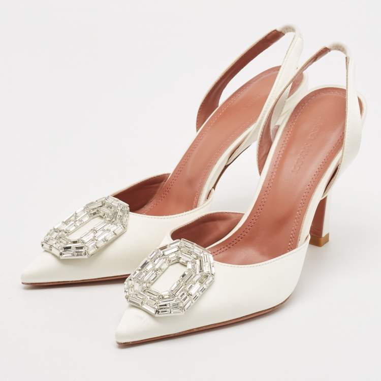 Pre Owned Amina Muaddi White Satin Begum Slingback Pumps Size 36