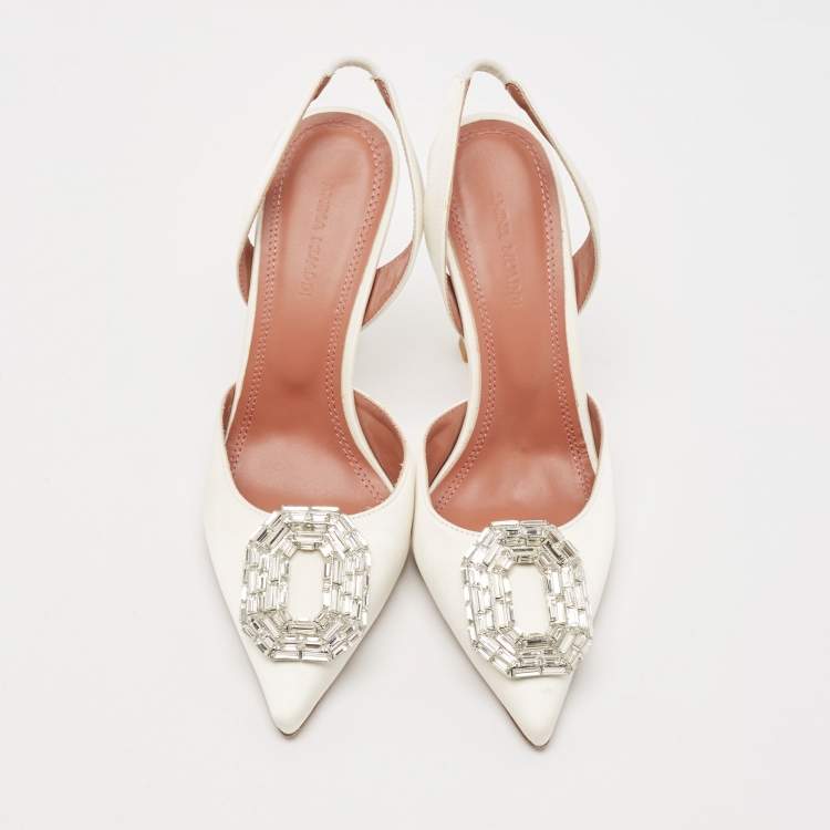 Pre Owned Amina Muaddi White Satin Begum Slingback Pumps Size 36