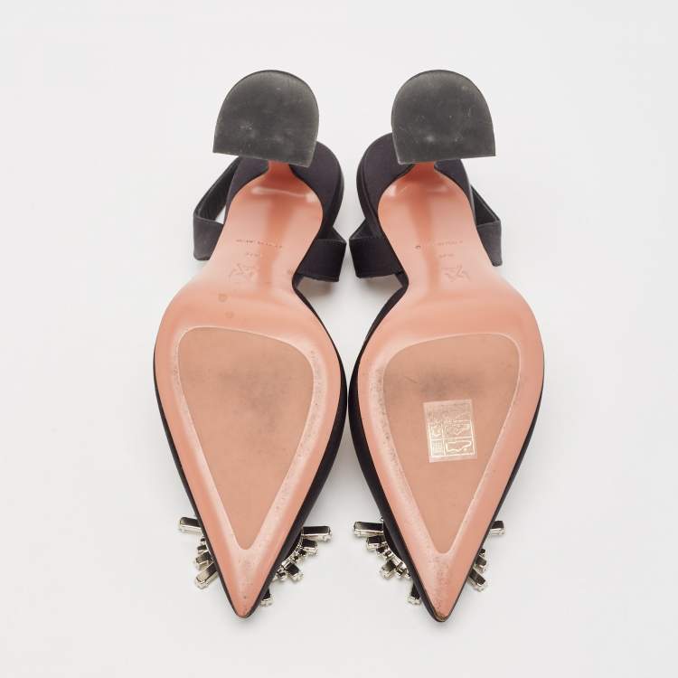 Pre Owned Amina Muaddi Black Satin Begum Slingback Pumps Size 37.5