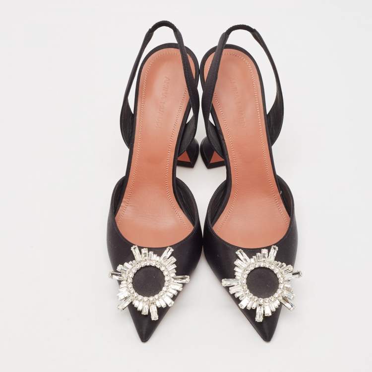 Pre Owned Amina Muaddi Black Satin Begum Slingback Pumps Size 37.5