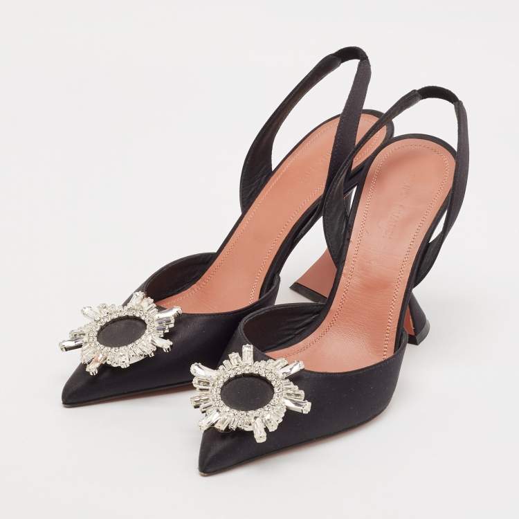 Pre Owned Amina Muaddi Black Satin Begum Slingback Pumps Size 37.5