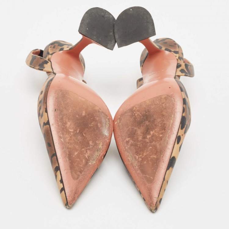Pre Owned Amina Muaddi Brown Leopard Print Satin Holli Slingback Pumps Size 35