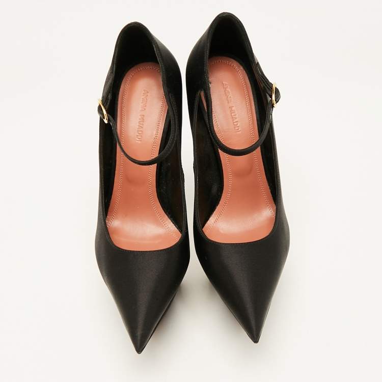 Pre Owned Amina Muaddi Black Satin Yigit Platform Pumps Size 36