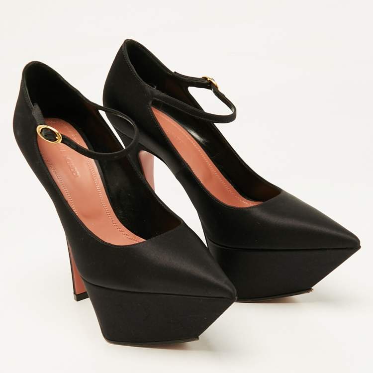 Pre Owned Amina Muaddi Black Satin Yigit Platform Pumps Size 36
