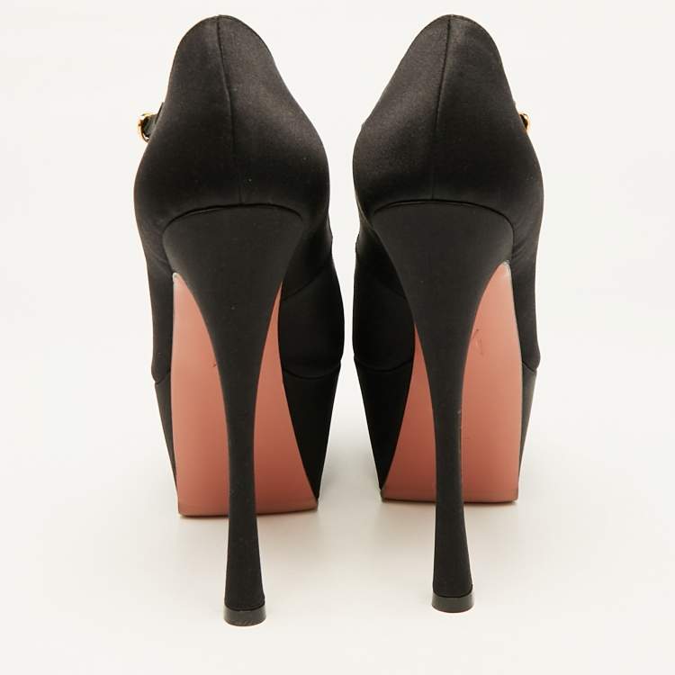 Pre Owned Amina Muaddi Black Satin Yigit Platform Pumps Size 36