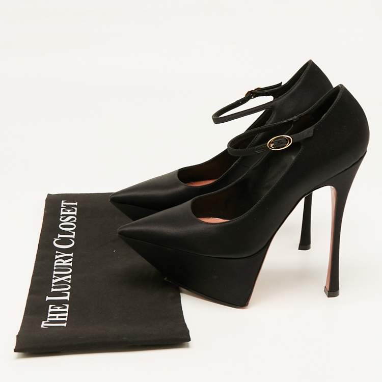 Pre Owned Amina Muaddi Black Satin Yigit Platform Pumps Size 36