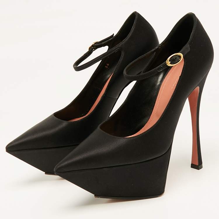 Pre Owned Amina Muaddi Black Satin Yigit Platform Pumps Size 36