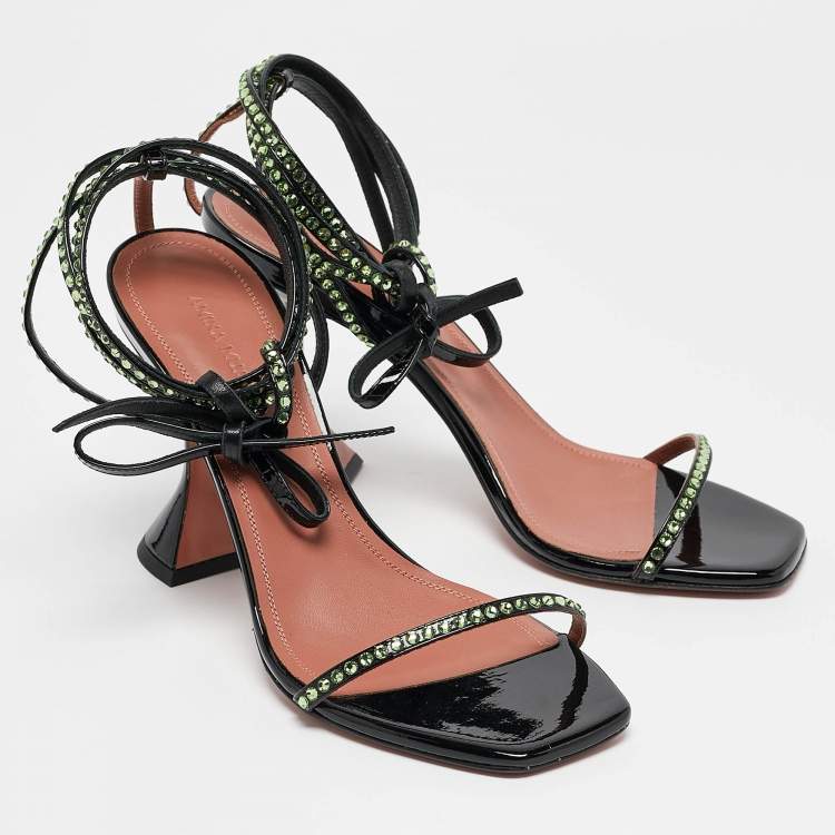 Pre Owned Amina Muaddi Black Patent Leather Crystal Embellished Vita Sandals Size 37.5