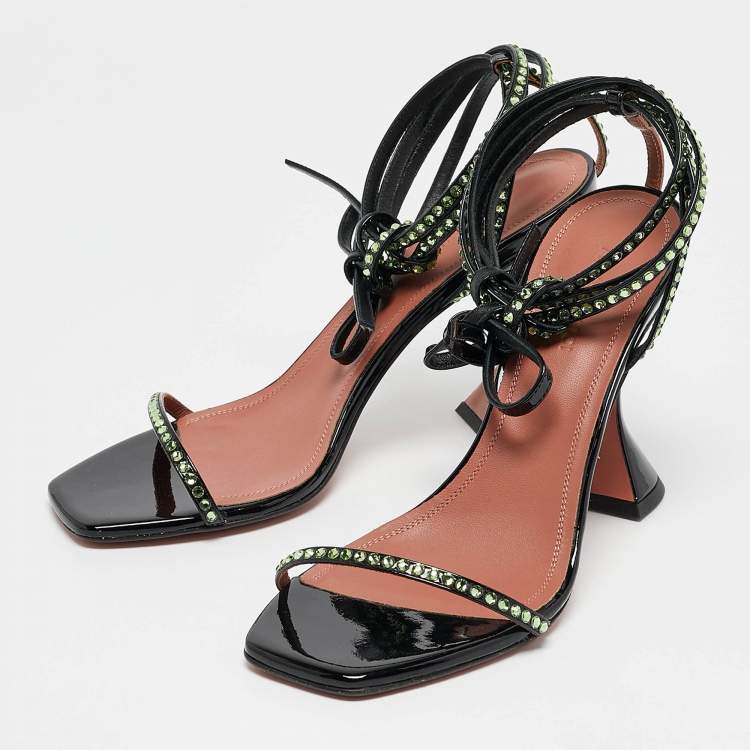 Pre Owned Amina Muaddi Black Patent Leather Crystal Embellished Vita Sandals Size 37.5