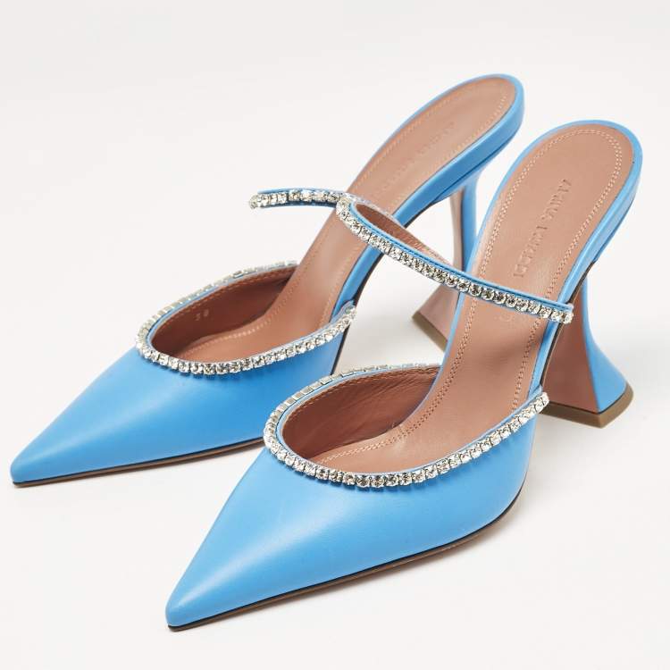 Pre Owned Amina Muaddi Blue Leather Gilda Pointed Toe Mules Size 38