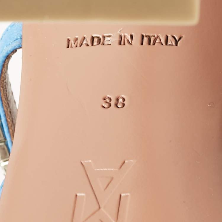 Pre Owned Amina Muaddi Blue Leather Gilda Pointed Toe Mules Size 38