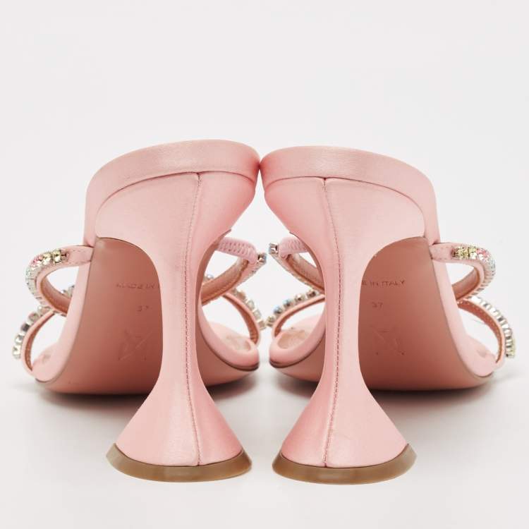 Pre Owned Amina Muaddi Pink Satin Gilda Crystal-Embellished Sandals Size 37