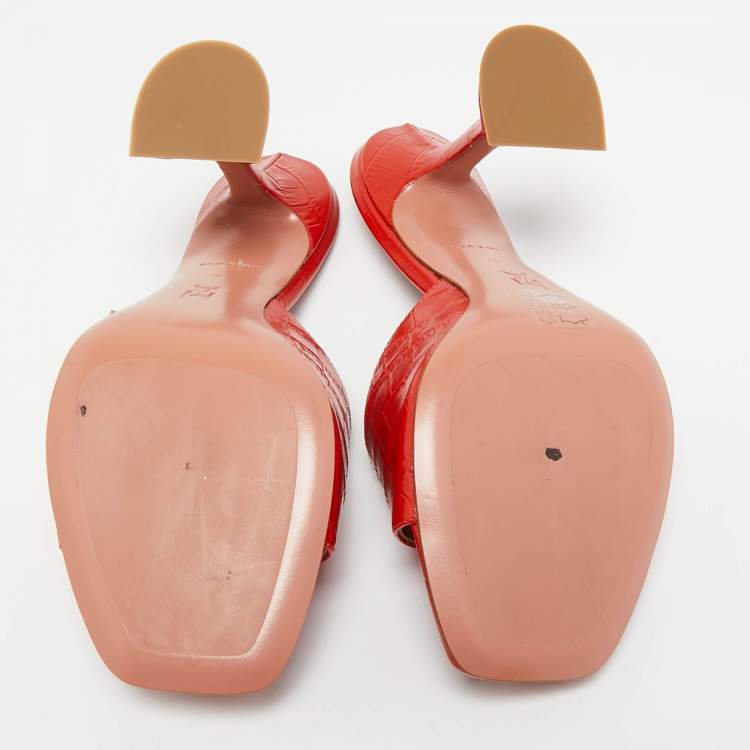 Pre Owned Amina Muaddi Red Croc Embossed Leather lupita Slide Sandals Size 38