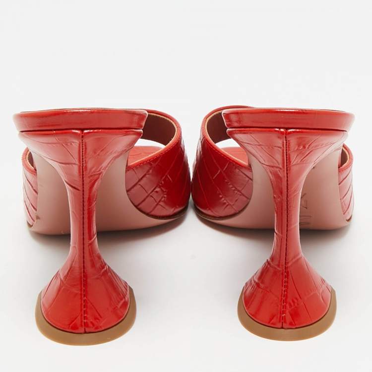 Pre Owned Amina Muaddi Red Croc Embossed Leather lupita Slide Sandals Size 38