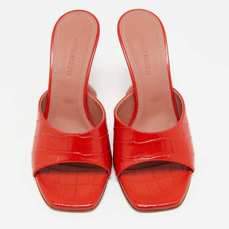 Pre Owned Amina Muaddi Red Croc Embossed Leather lupita Slide Sandals Size 38