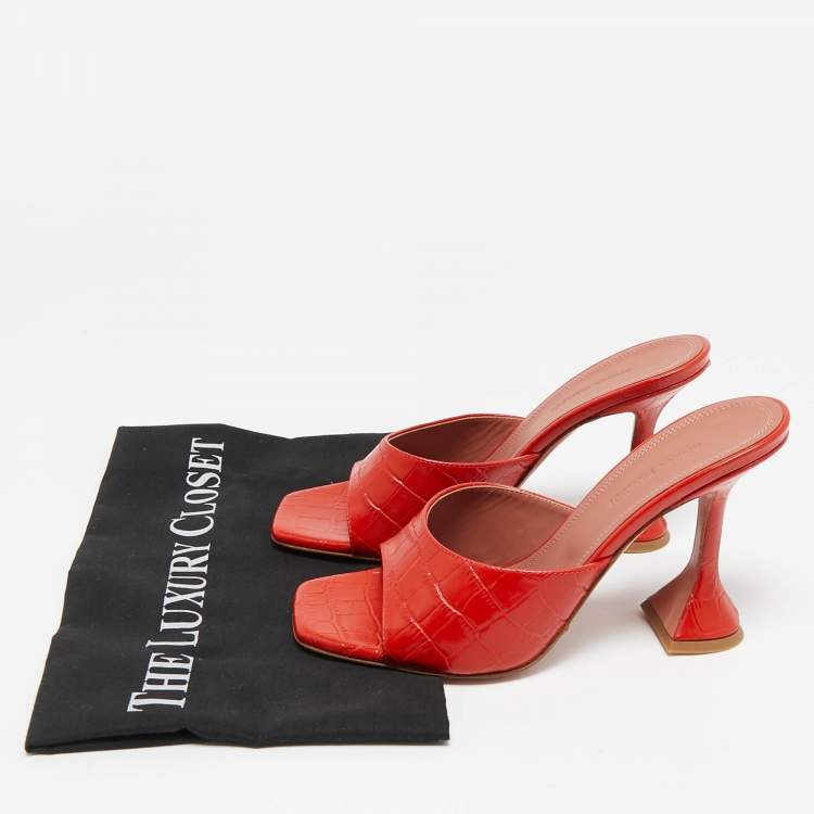 Pre Owned Amina Muaddi Red Croc Embossed Leather lupita Slide Sandals Size 38