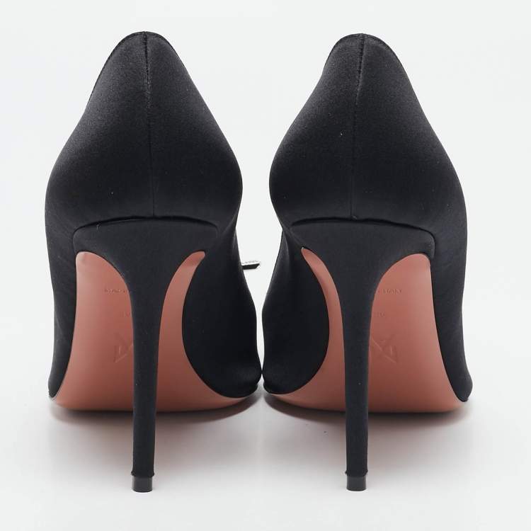 Pre Owned Amina Muaddi Black Satin Crystal Embellished Rosie Pumps Size 39.5