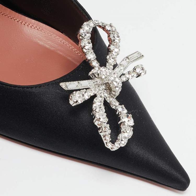 Pre Owned Amina Muaddi Black Satin Crystal Embellished Rosie Pumps Size 39.5