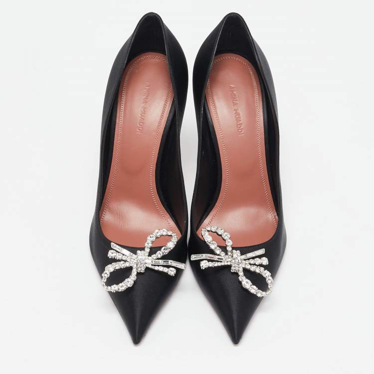 Pre Owned Amina Muaddi Black Satin Crystal Embellished Rosie Pumps Size 39.5