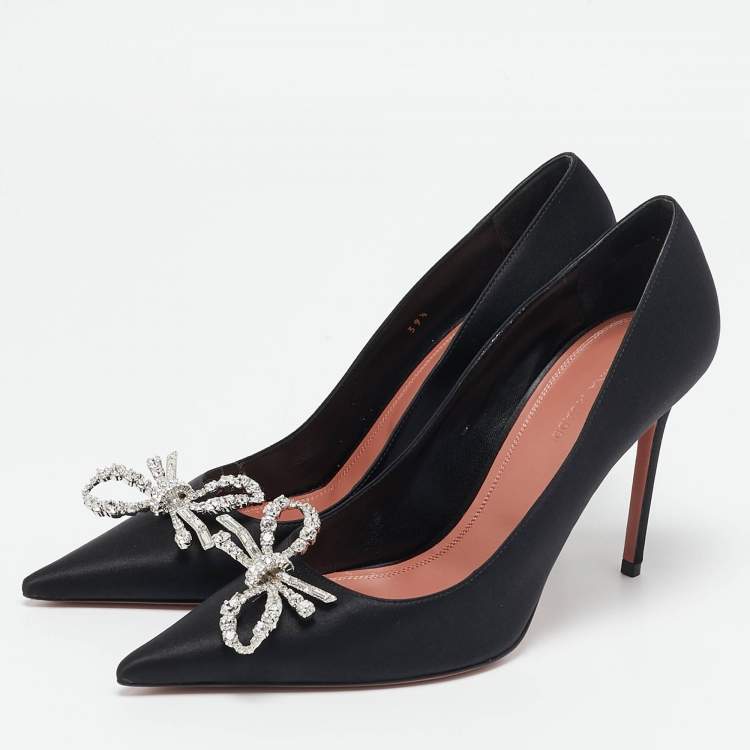 Pre Owned Amina Muaddi Black Satin Crystal Embellished Rosie Pumps Size 39.5