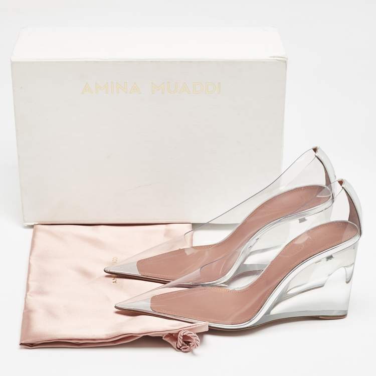 Pre Owned Amina Muaddi Transparent PVC Ane Wedge Pumps Size 38.5