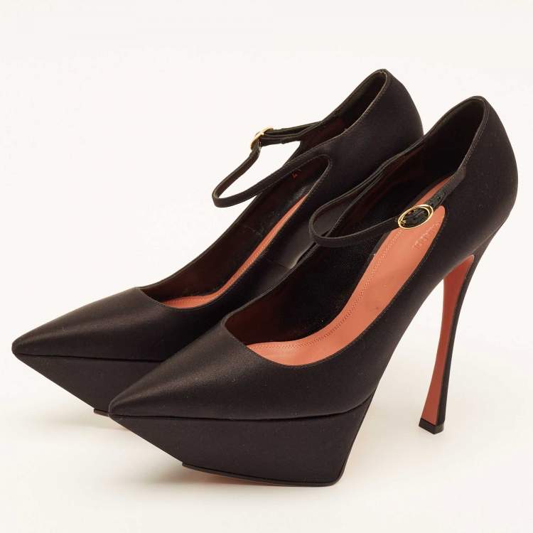Pre Owned Amina Muaddi Black Satin Yigit Platform Pumps Size 41