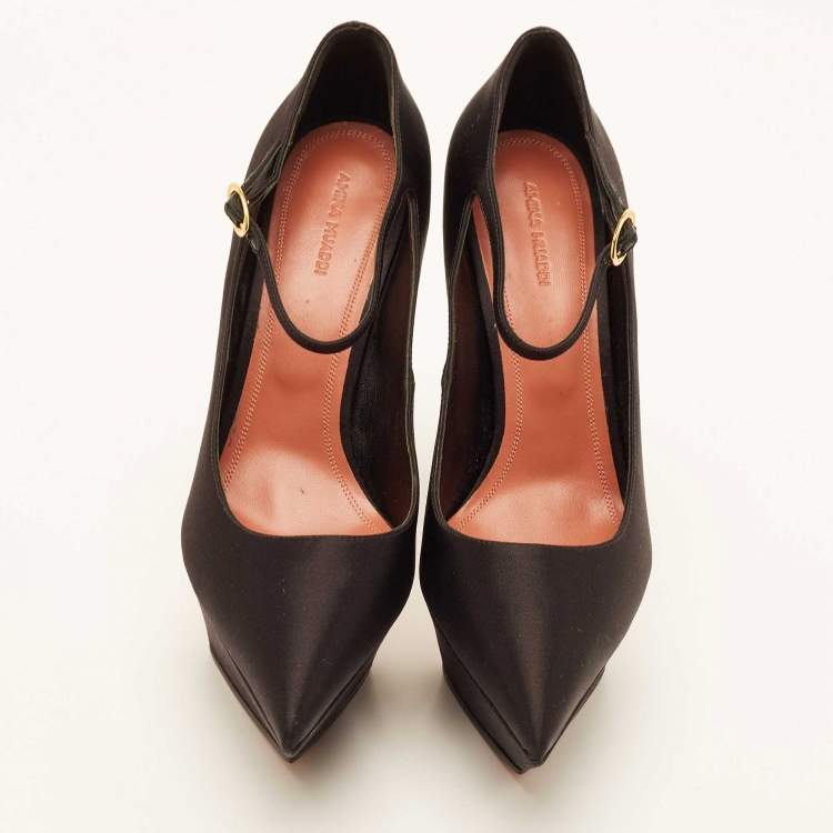 Pre Owned Amina Muaddi Black Satin Yigit Platform Pumps Size 41
