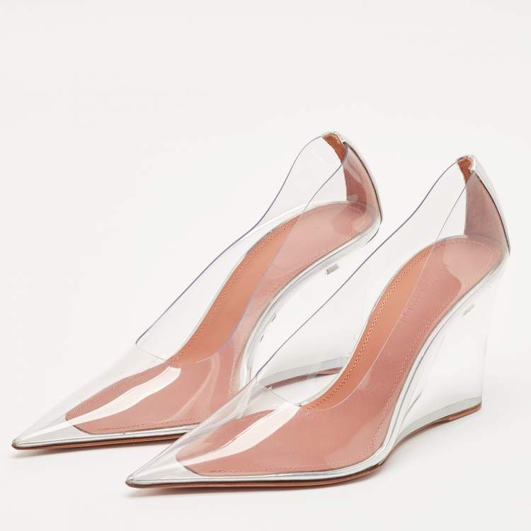 Pre Owned Amina Muaddi Transparent PVC Ane Wedge Pumps Size 37