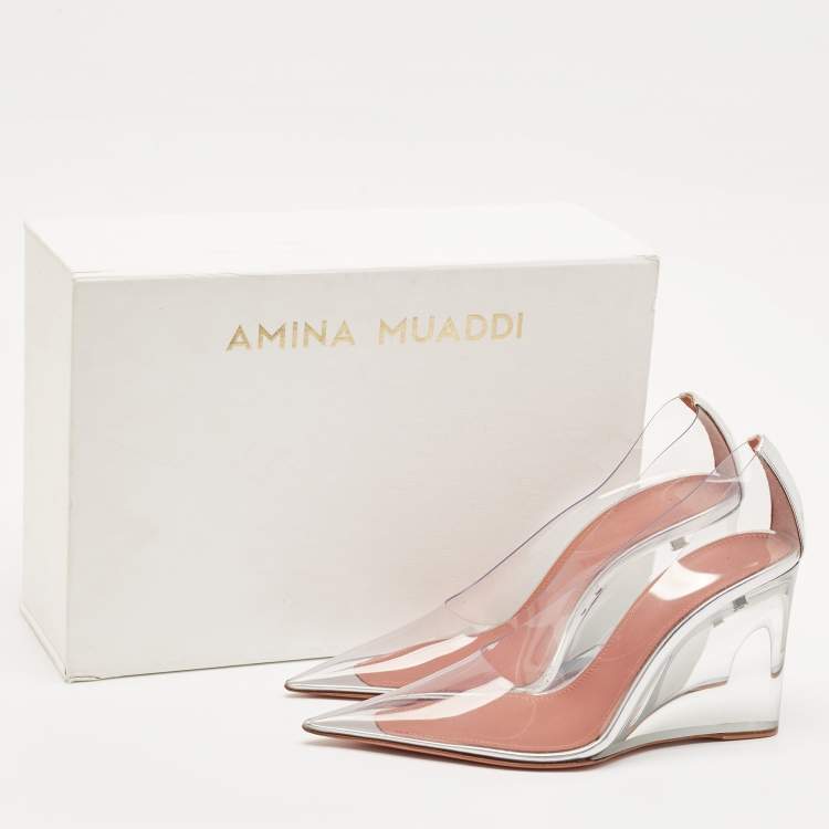 Pre Owned Amina Muaddi Transparent PVC Ane Wedge Pumps Size 37