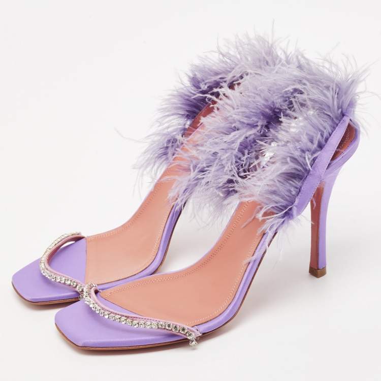 Pre Owned Amina Muaddi Purple Satin Crystal Embellished And Feather Adwoa Slingback Sandals Size 40.5