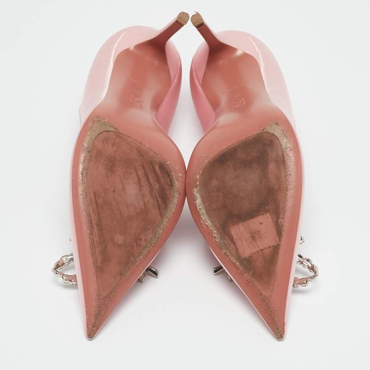 Pre Owned Amina Muaddi Light Pink Satin Crystal Embellished Rosie Pointed Toe Pumps Size 36