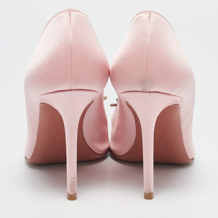 Pre Owned Amina Muaddi Light Pink Satin Crystal Embellished Rosie Pointed Toe Pumps Size 36
