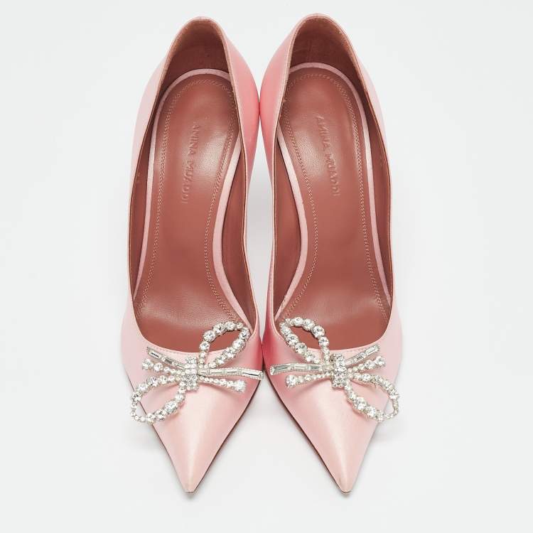 Pre Owned Amina Muaddi Light Pink Satin Crystal Embellished Rosie Pointed Toe Pumps Size 36