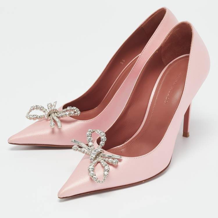 Pre Owned Amina Muaddi Light Pink Satin Crystal Embellished Rosie Pointed Toe Pumps Size 36