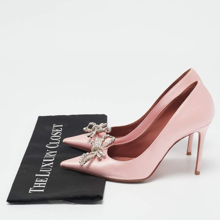 Pre Owned Amina Muaddi Light Pink Satin Crystal Embellished Rosie Pointed Toe Pumps Size 36
