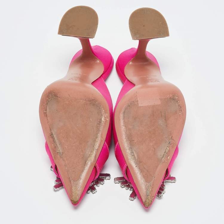 Pre Owned Amina Muaddi Pink Satin Begum Crystal Embellished Mules Size 36.5