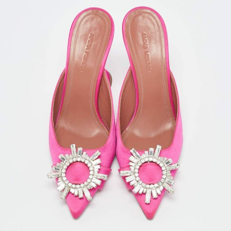 Pre Owned Amina Muaddi Pink Satin Begum Crystal Embellished Mules Size 36.5