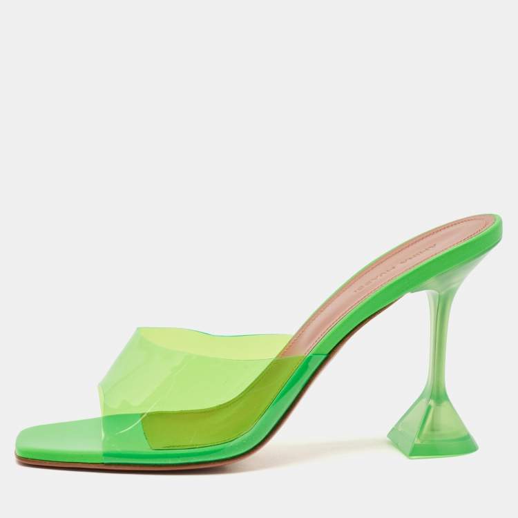 Pre Owned Amina Muaddi Green Leather and PVC Lupita Slide Sandals Size 41