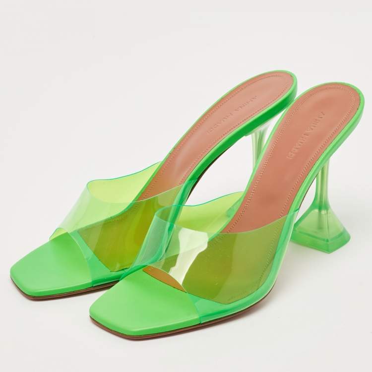 Pre Owned Amina Muaddi Green Leather and PVC Lupita Slide Sandals Size 41