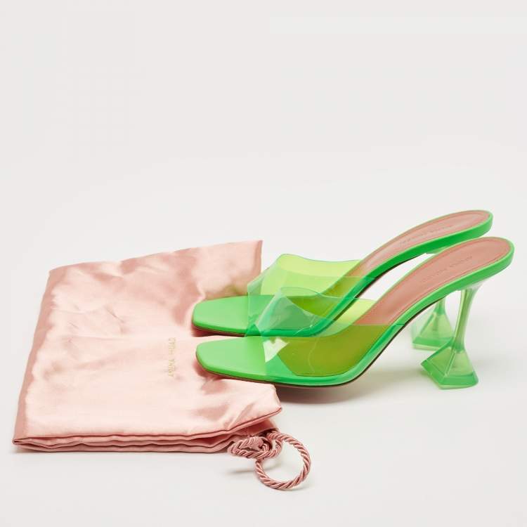 Pre Owned Amina Muaddi Green Leather and PVC Lupita Slide Sandals Size 41