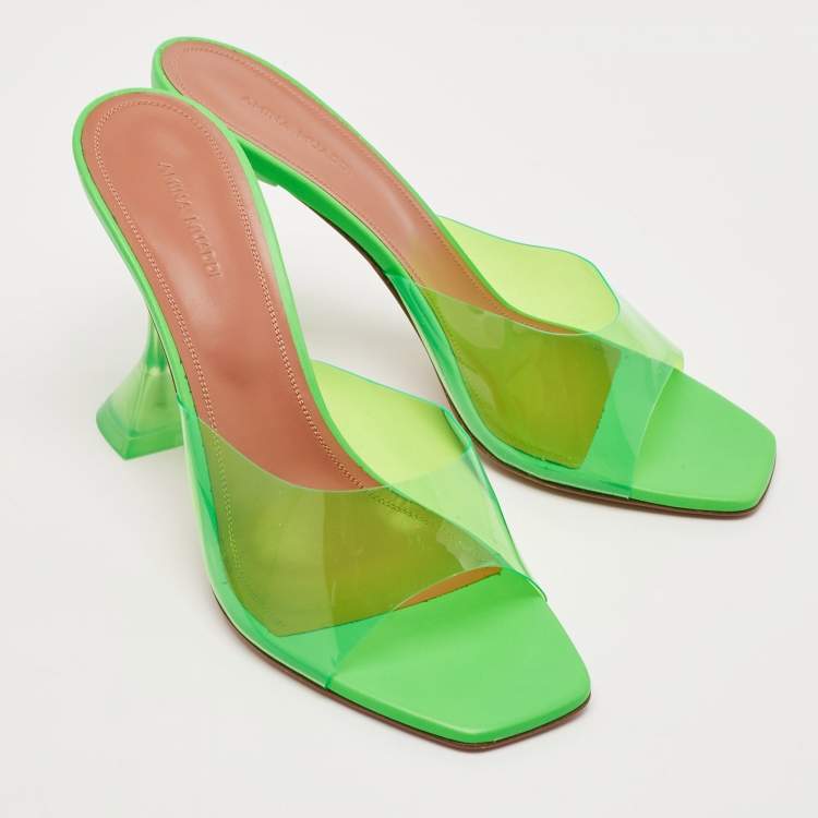 Pre Owned Amina Muaddi Green Leather and PVC Lupita Slide Sandals Size 41