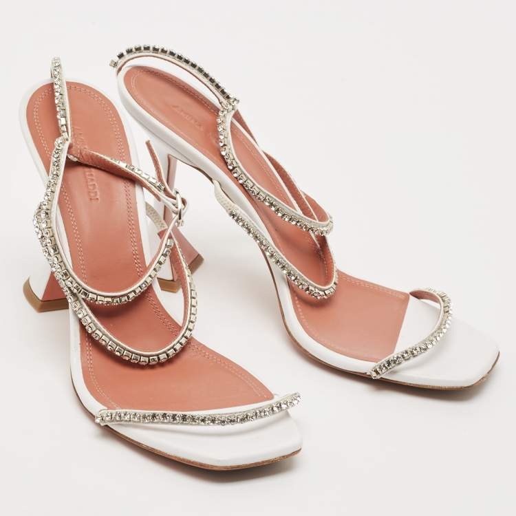 Pre Owned Amina Muaddi White Satin Crystal Embellished Glida Sandals Size 40.5