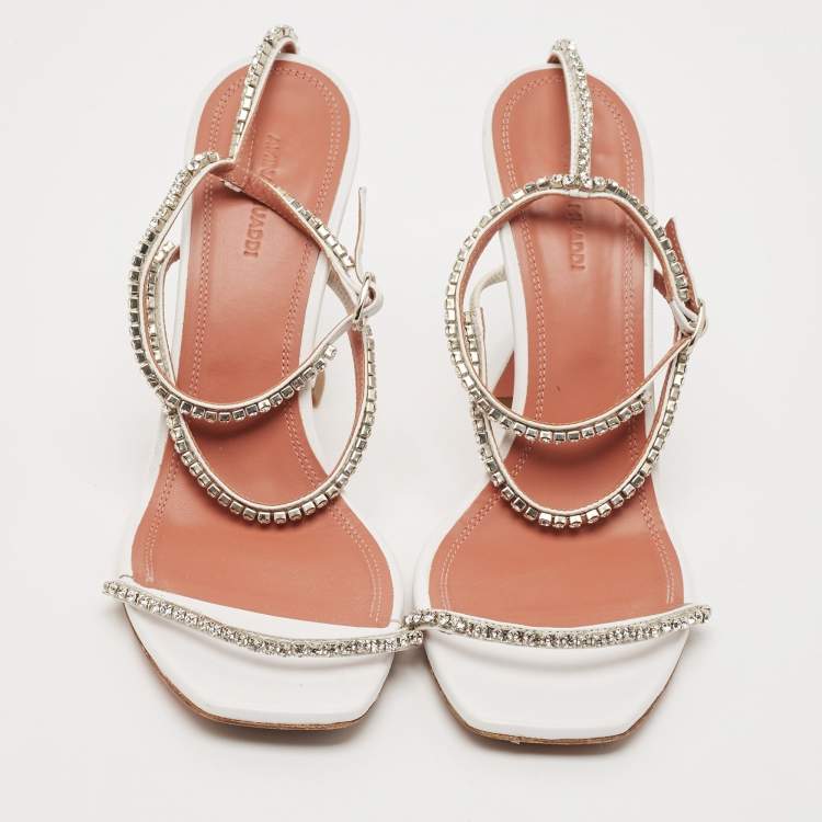 Pre Owned Amina Muaddi White Satin Crystal Embellished Glida Sandals Size 40.5