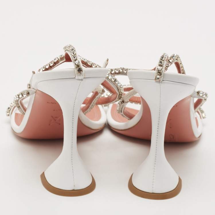 Pre Owned Amina Muaddi White Satin Crystal Embellished Glida Sandals Size 40.5
