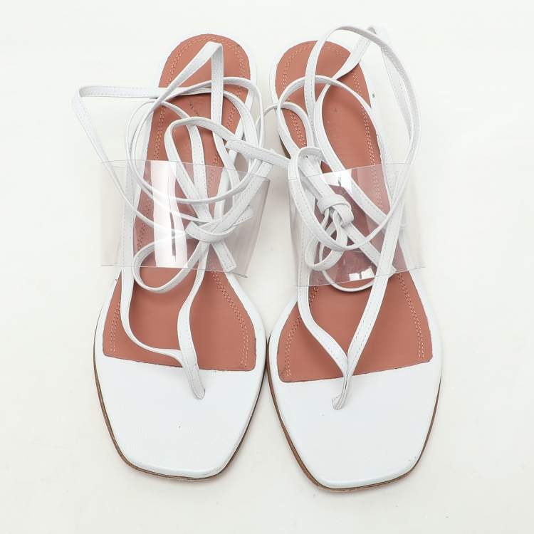 Pre Owned Amina Muaddi White Leather and PVC Zula Ankle Wrap Sandals Size 37.5