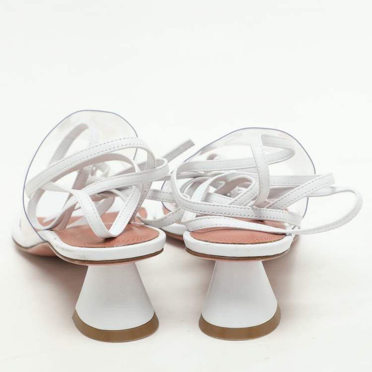 Pre Owned Amina Muaddi White Leather and PVC Zula Ankle Wrap Sandals Size 37.5
